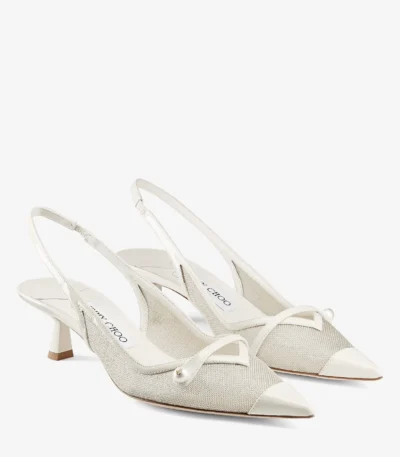 Jimmy Choo Amita 45 Latte and Champagne Patent and Metallic Mesh Sling Back Pumps