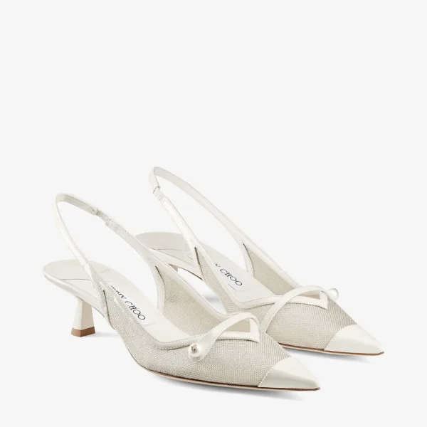 Jimmy Choo Amita 45 Latte and Champagne Patent and Metallic Mesh Sling Back Pumps