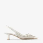 Jimmy Choo Amita 45 Latte and Champagne Patent and Metallic Mesh Sling Back Pumps