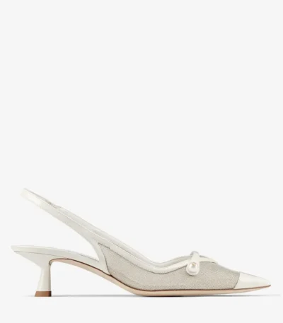 Jimmy Choo Amita 45 Latte and Champagne Patent and Metallic Mesh Sling Back Pumps