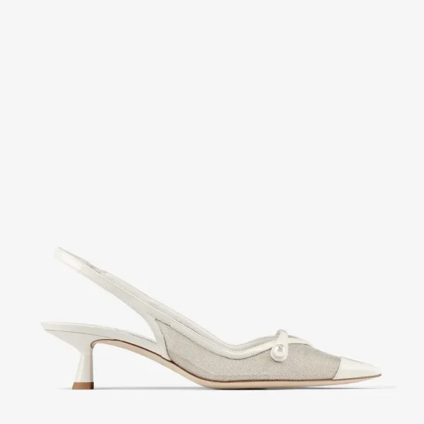 Jimmy Choo Amita 45 Latte and Champagne Patent and Metallic Mesh Sling Back Pumps
