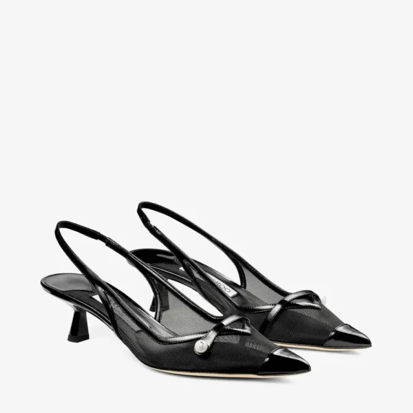 Jimmy Choo Amita 45 Black Patent Leather and Mesh Slingbacks