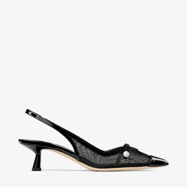 Jimmy Choo Amita 45 Black Patent Leather and Mesh Slingbacks