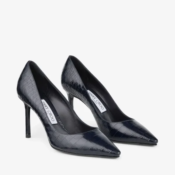 Jimmy Choo Romy 85 Marine Croc Embossed Leather Pumps