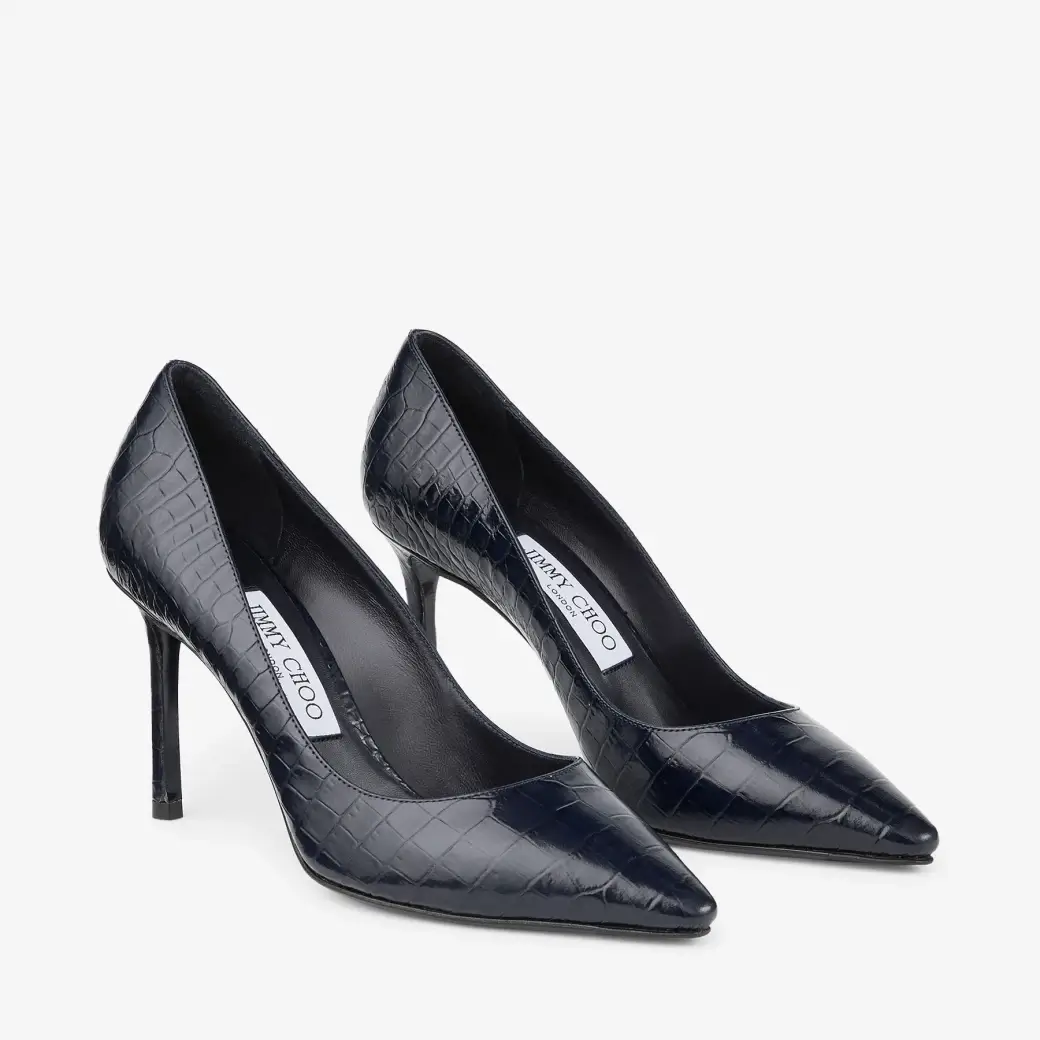 Jimmy Choo Romy 85 Marine Croc Embossed Leather Pumps
