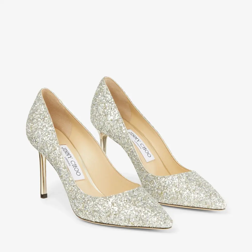 Jimmy Choo Romy 85 Champagne Coarse Glitter Fabric Pointy Toe Pumps