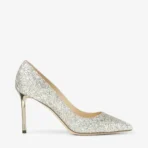 Jimmy Choo Romy 85 Champagne Coarse Glitter Fabric Pointy Toe Pumps