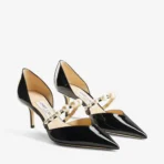Jimmy Choo Aurelie 65 Latte Patent Leather Pointed Pumps with Pearl Embellishment