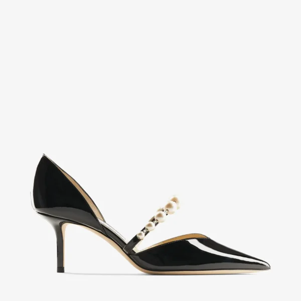 Jimmy Choo Aurelie 65 Latte Patent Leather Pointed Pumps with Pearl Embellishment