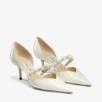 Jimmy Choo Aurelie 65 Latte Patent Leather Pointed Pumps with Pearl Embellishment