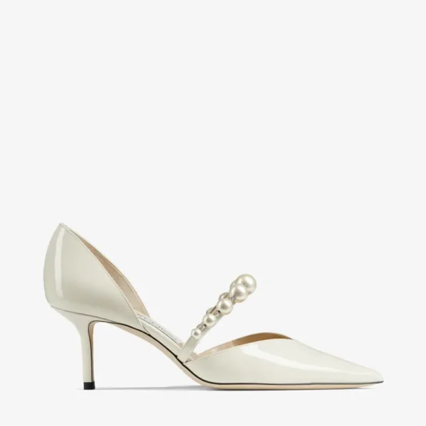 Jimmy Choo Aurelie 65 Latte Patent Leather Pointed Pumps with Pearl Embellishment