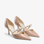 Jimmy Choo Aurelie 65 Latte Patent Leather Pointed Pumps with Pearl Embellishment