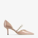 Jimmy Choo Aurelie 65 Latte Patent Leather Pointed Pumps with Pearl Embellishment