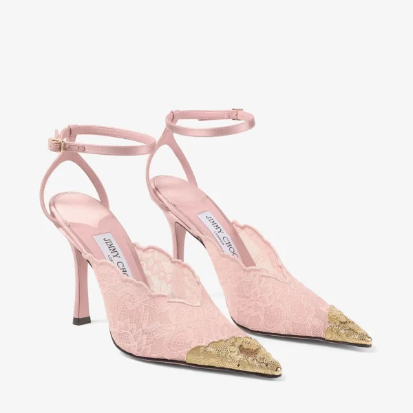 Jimmy Choo Faiz 100 Rose Lace Pumps with Metal Lace Detail