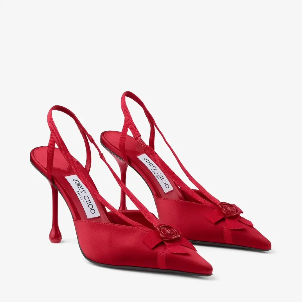 Jimmy Choo Faya 95 Ruby Red Satin and Grosgrain Slingbacks