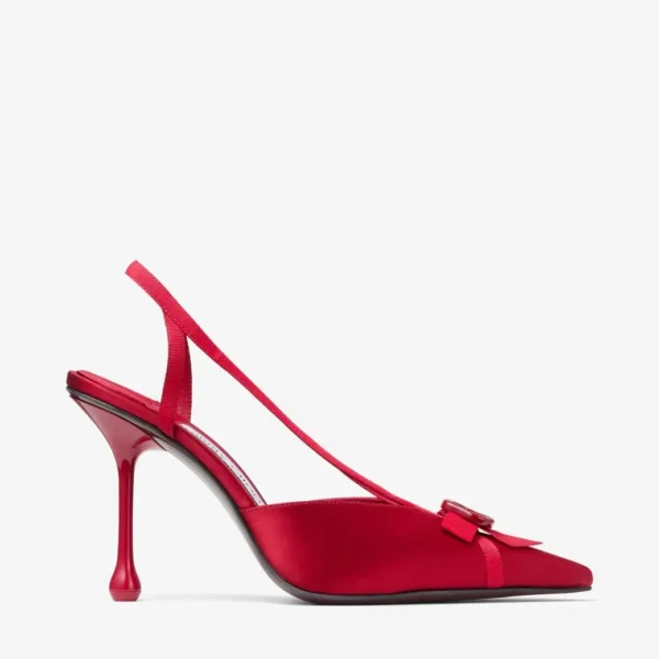 Jimmy Choo Faya 95 Ruby Red Satin and Grosgrain Slingbacks