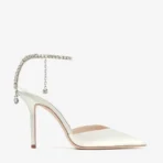Jimmy Choo Saeda 100 Ivory Satin Pumps with Crystal Embellishment
