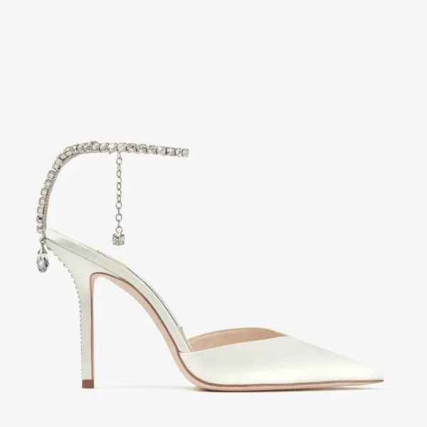 Jimmy Choo Saeda 100 Ivory Satin Pumps with Crystal Embellishment