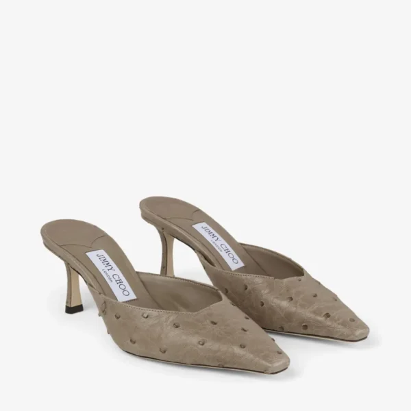 Jimmy Choo Vivi 65 Taupe Ostrich Leather Mules
