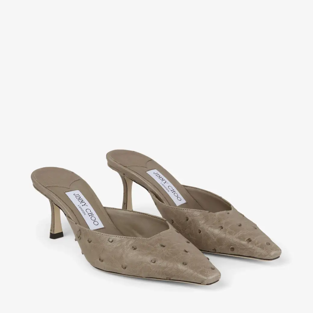 Jimmy Choo Vivi 65 Taupe Ostrich Leather Mules
